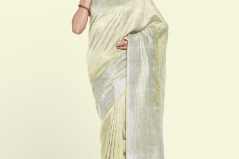Banarasi Libaas White Goldish Cotton Silk Saree