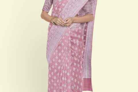 Banarasi Libaas Pink With Silver Finishing Cotton Silk Saree