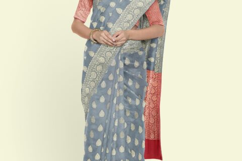 Banarasi Libaas Grey Banarasi Cotton Silk Saree