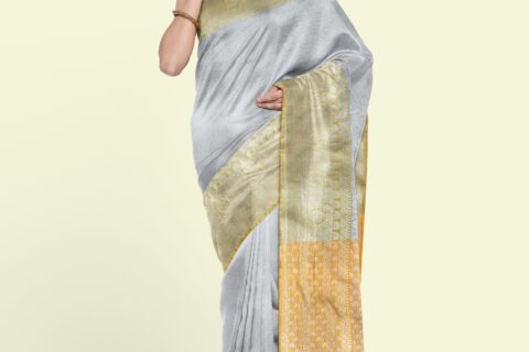 Banarasi Libaas Cyan Grey With Gold Finishing Banarasi Tissue Silk Saree