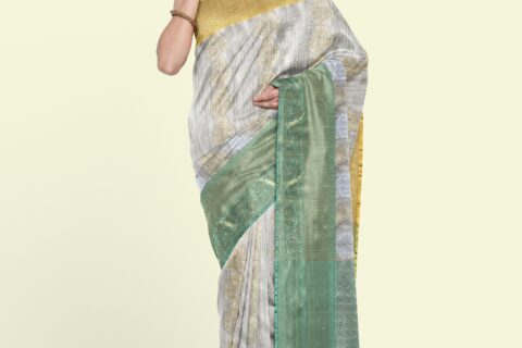 Banarasi Libaas Grey Nickel Tissue Silk Saree