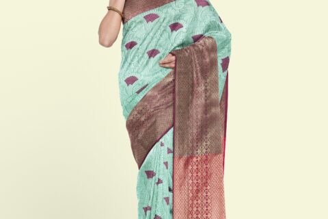 Banarasi Libaas Greenish Cyan Muslin Silk Saree